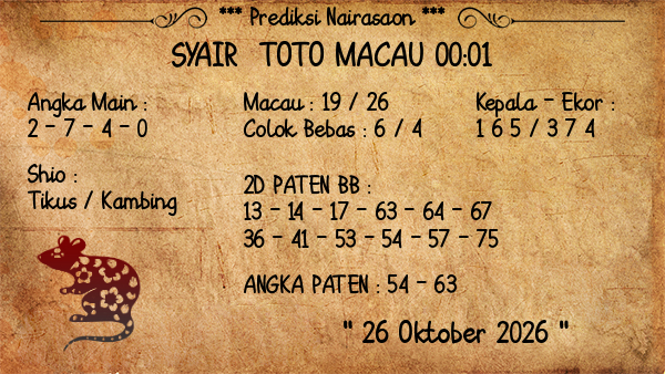 Prediksi Toto Macau 00:01